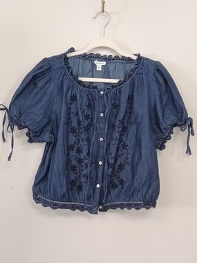 NWT Free Assembly Embroidered Floral Dark Denim Peasant Boho Puff Sleeve Top XL